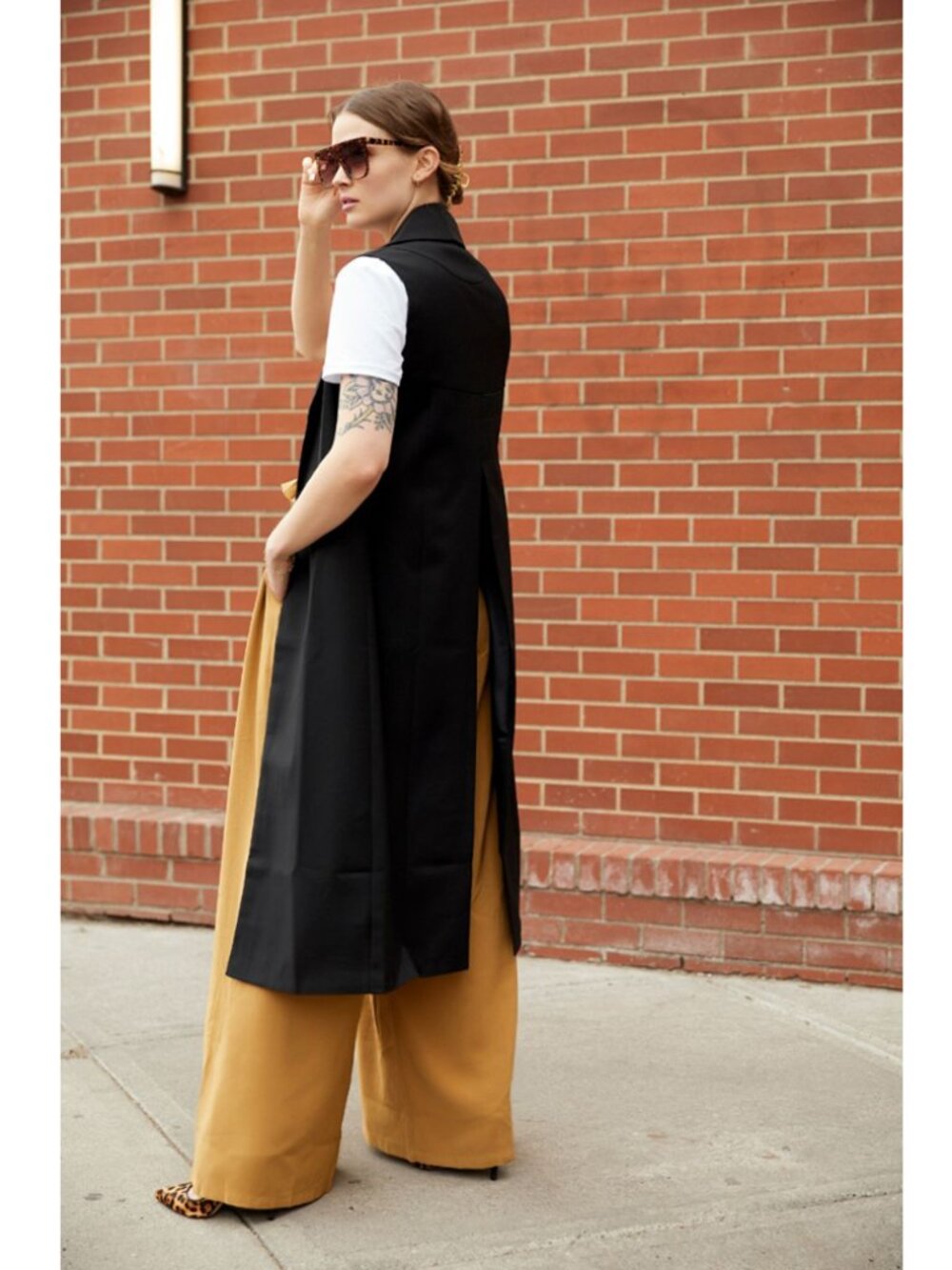 Kate Hewko long open sleeveless vest blazer with exaggerated back slit